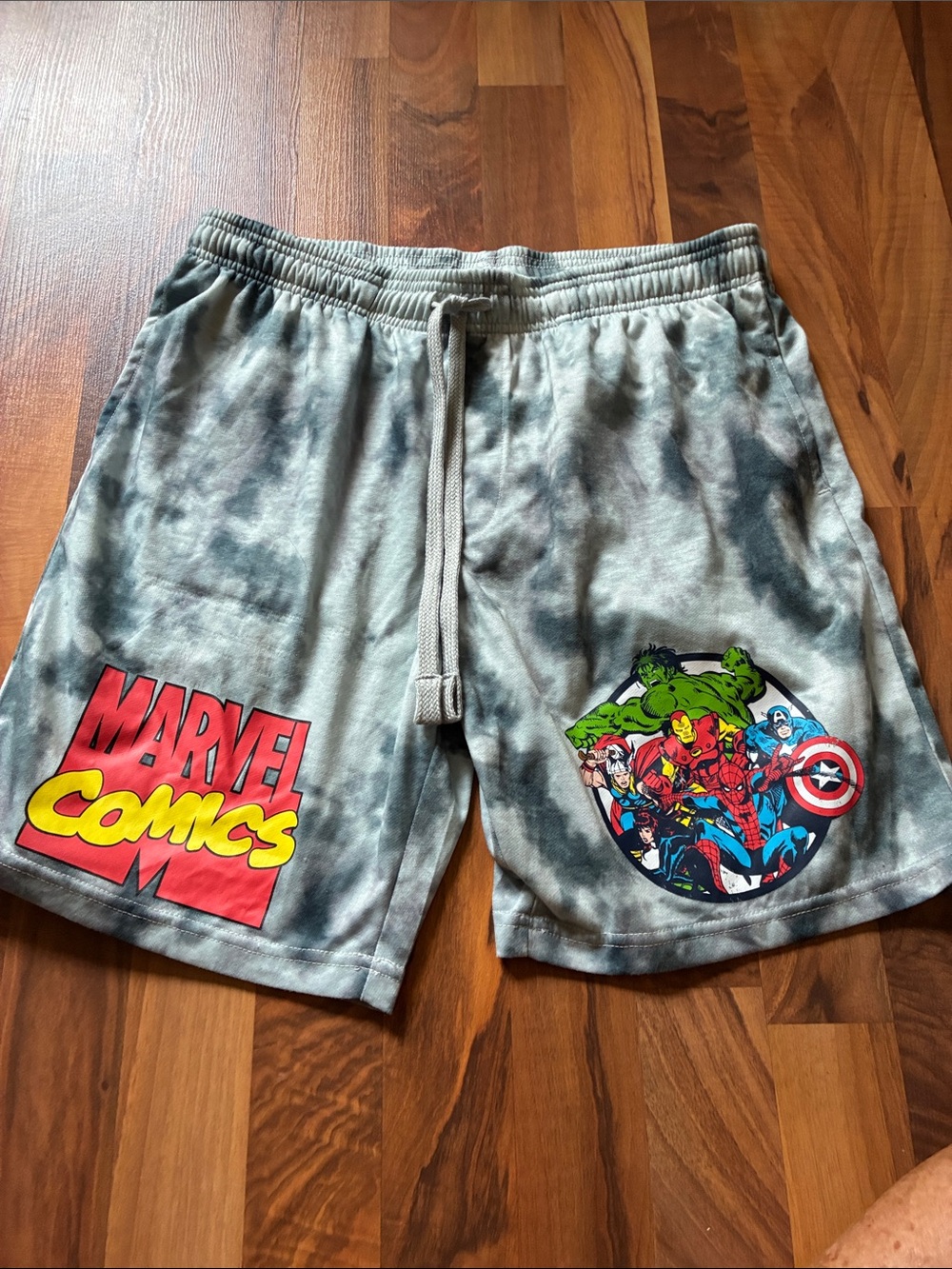 Marvel Gray Tie-Dye Lounge Shorts with Colorful Superhero Patch